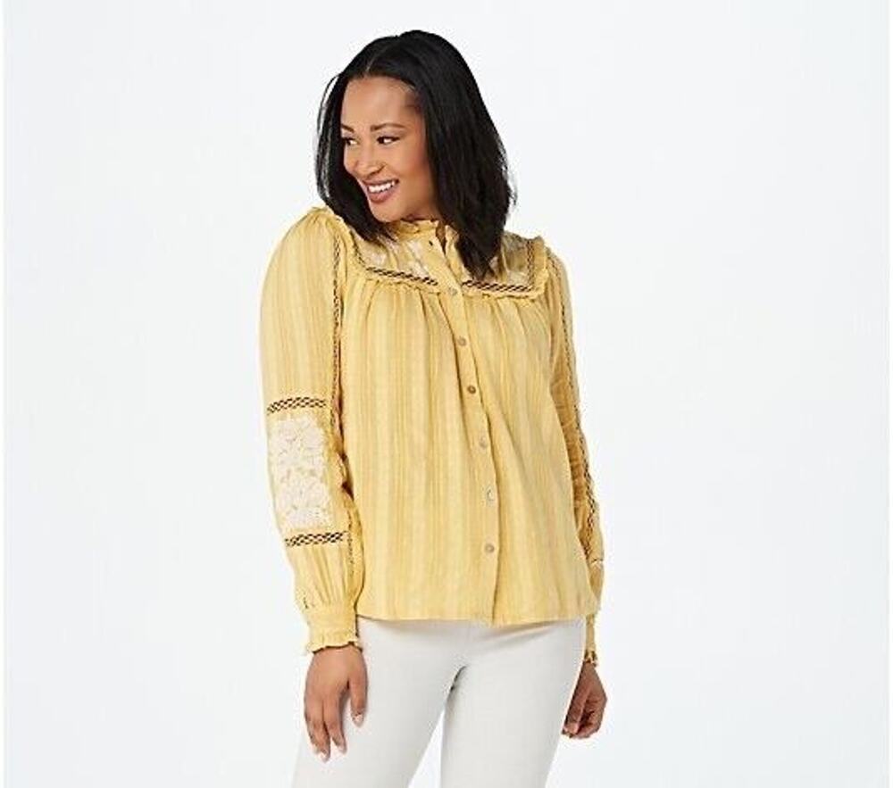 LOGO Lavish Boho Embroidered Blouse Women 3X Boxy Textured Eyelet Buttons Gold